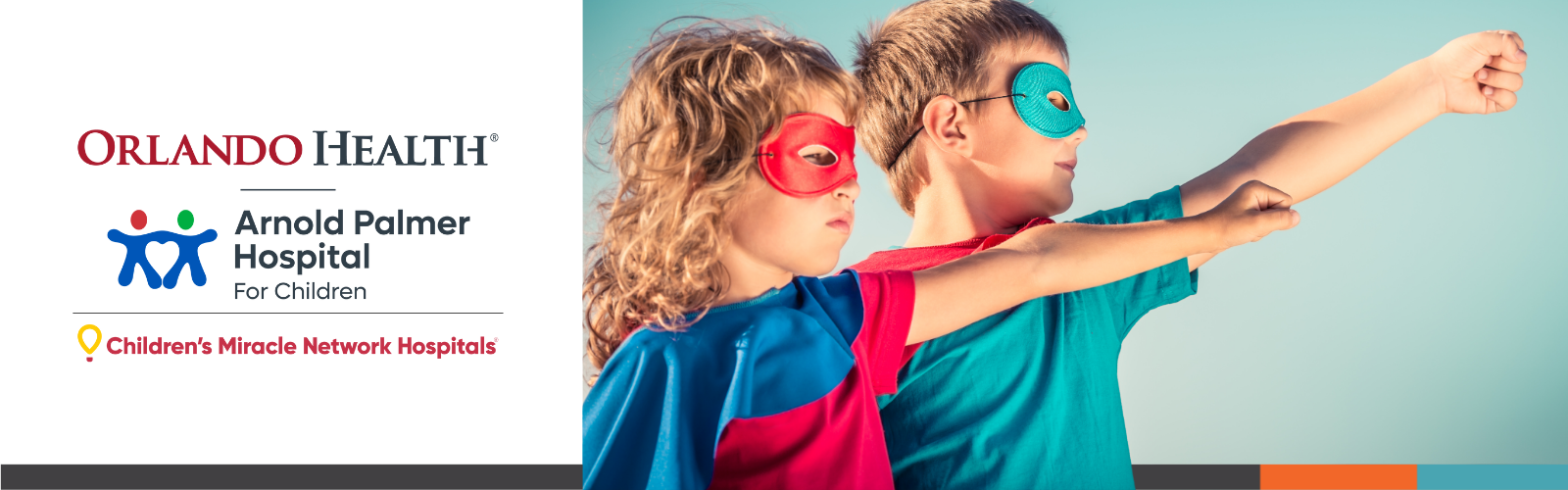 Children's Miracle Network Hospitals logo with Orlando Health Arnold Palmer Hospital Logo and 2 kids, boy and girl, dressed as superheroes. 