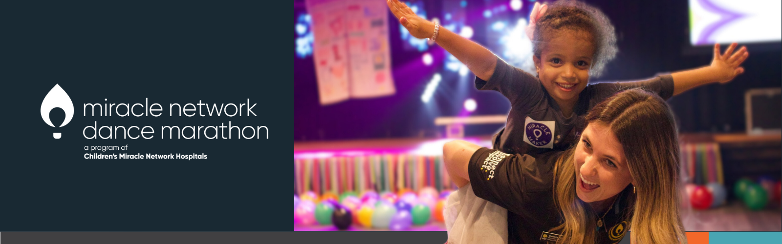 Miracle Newtork Dance Marathon logo next to an image of champion kid Celeste being carried piggyback by a Dance Marathon Student.