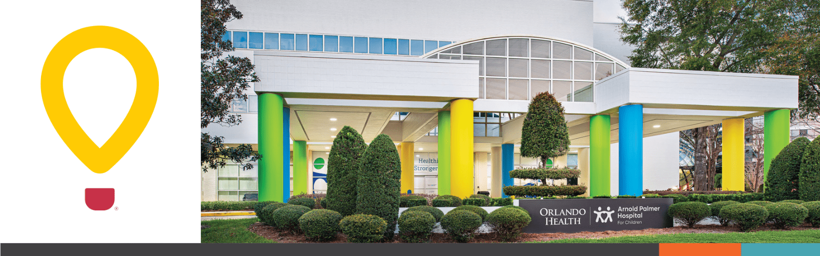 Colored CMN balloon symbol next to Orlando Health Arnold Palmer hospital Logo