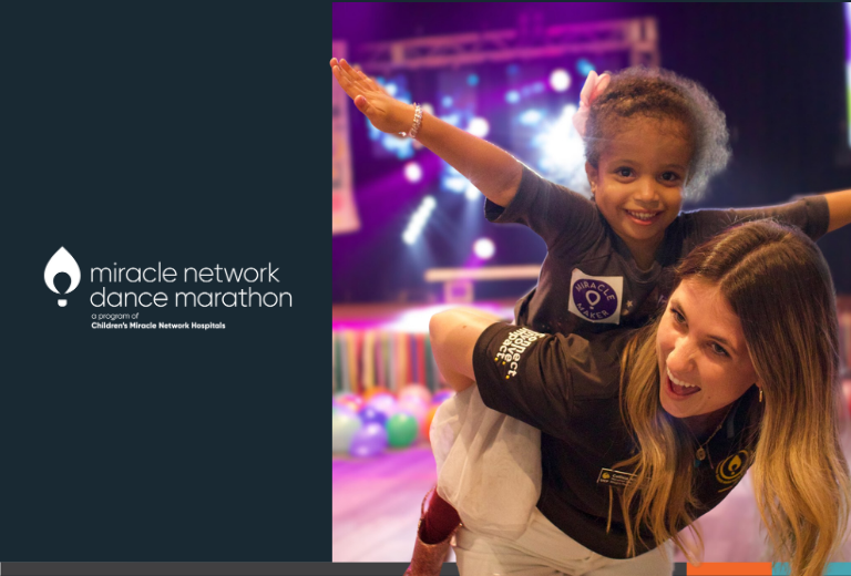 CMN Dance marathon logo next to image of champion kid Celeste being carried piggyback style