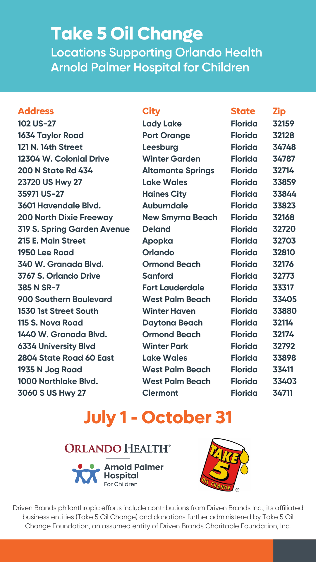 Take 5 Oil Change Orlando Health Foundation