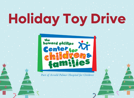 HPC holiday toy drive on blue background with green trees