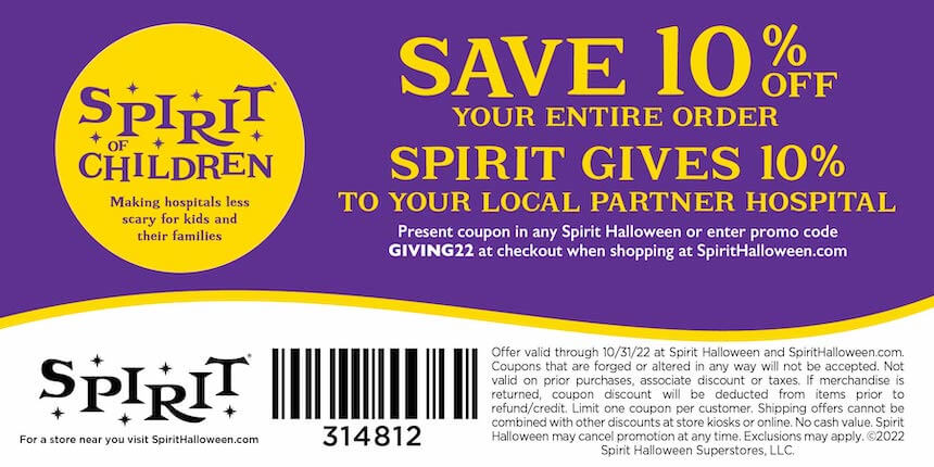 Save 10% off your entire order Spirit gives 10% to your local partner hospital